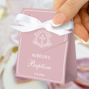 Simple Floral Cross on Pink Baptism Small Tent Favor Box