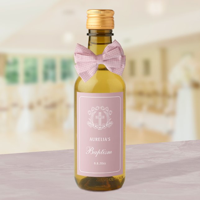 Simple Floral Cross on Pink Baptism Wine Label (Creator Uploaded)