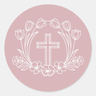 Simple Floral Cross on Pink Sticker