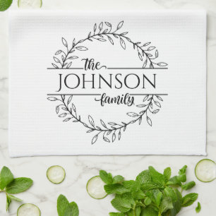 Simple Floral Family Name Monogram Kitchen Towel