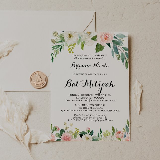 Simple Floral Green Calligraphy Bat Mitzvah Invitation (Creator Uploaded)