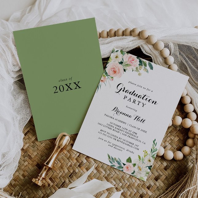 Simple Floral Green Calligraphy Graduation Party Invitation (Creator Uploaded)
