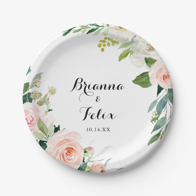 Simple Floral Green Calligraphy Wedding Cake Paper Plate (Front)