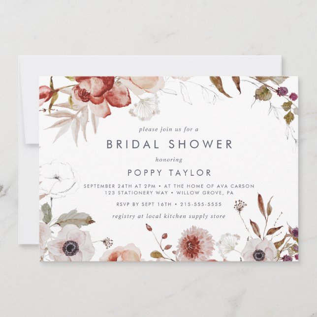 Simple Floral Horizontal Bridal Shower Invitation (Front)