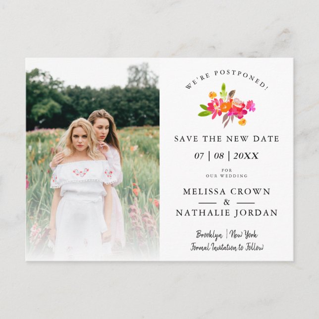 Simple Floral LGTB Engaged Couple Change Date Postcard (Front)