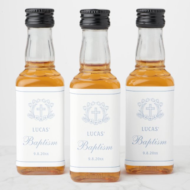 Simple Floral Light Blue Cross Baptism Liquor Bottle Label (Bottles)
