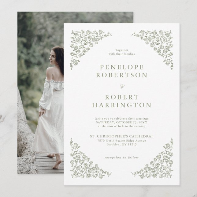 Simple Floral Minimalist Sage Green  Photo Wedding Invitation (Front/Back)