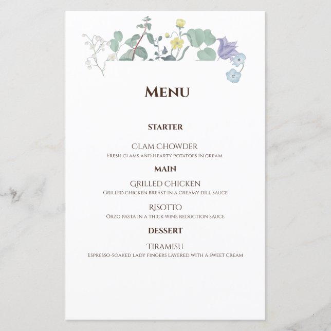 Simple Floral minimalist Wedding menu (Front)