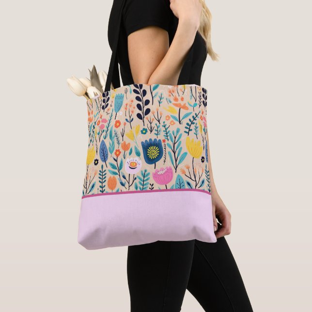 Simple Floral Modern Folk Art, Colour Block Tote Bag (Close Up)