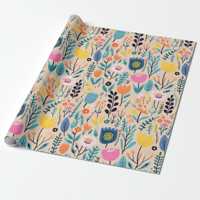 Simple Floral Modern Folk Art Illustration Wrapping Paper (Unrolled)