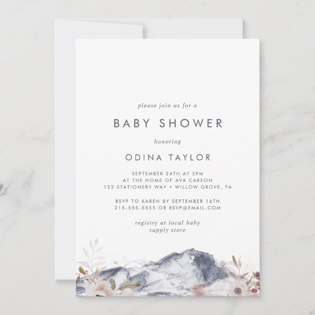 Simple Floral Mountain Baby Shower Invitation (Front)