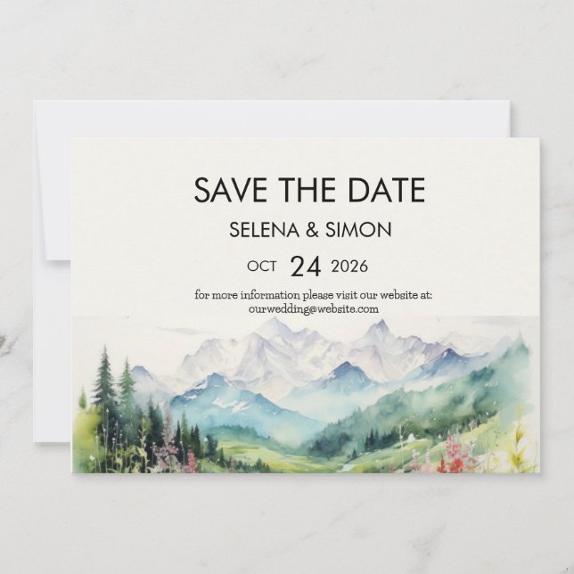 Simple Floral Mountain Horizontal  Save The Date (Front)