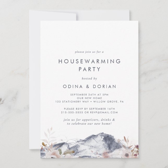 Simple Floral Mountain Housewarming Party Invitation (Front)