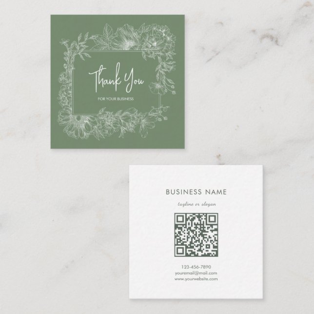 Simple Floral Natural Leaf Green QR Code Thank You Square Business Card (Front/Back)