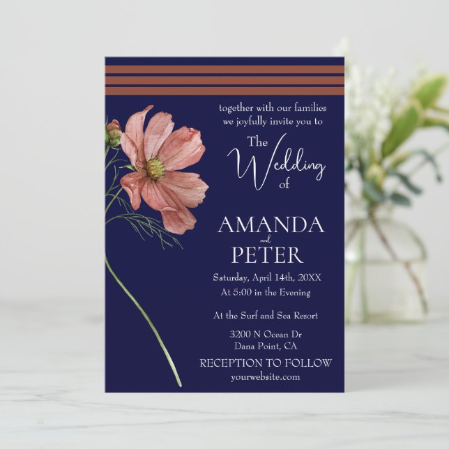 Simple Floral Navy and Terracotta Wedding  Invitation (Standing Front)