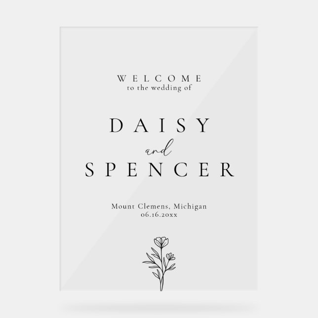 Simple Floral Outline Wedding Welcome Clear Acrylic Sign (Front)