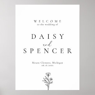 Simple Floral Outline Wedding Welcome Sign Poster
