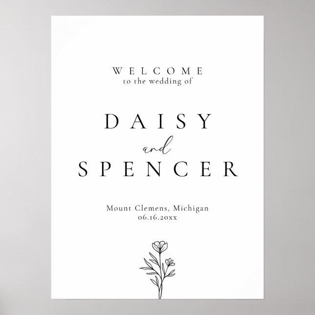 Simple Floral Outline Wedding Welcome Sign Poster (Front)