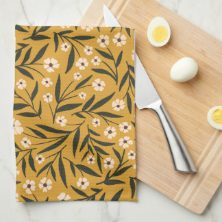 Simple Floral Pattern in Mustard Yellow and Green  Kitchen Towel