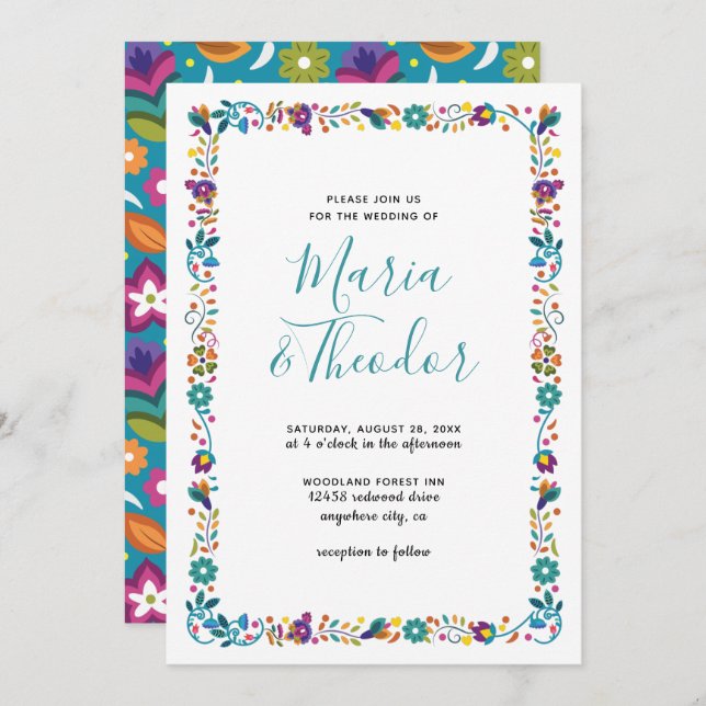 Simple Floral Pattern Mexican Style Wedding Invitation (Front/Back)