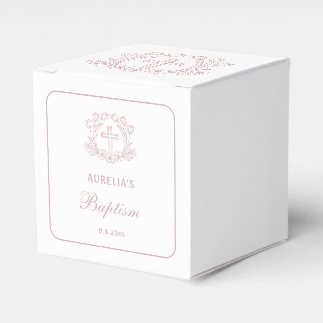 Simple Floral Pink Cross Baptism Cube Favor Box (Front Side)