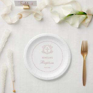 Simple Floral Pink Cross Baptism Paper Plate
