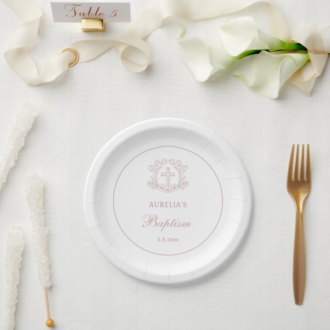 Simple Floral Pink Cross Baptism Paper Plate (Wedding)