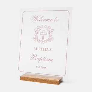 Simple Floral Pink Cross Baptism Welcome Acrylic Sign