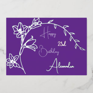 Simple Floral Purple & Silver Aged Birthday Foil Holiday Card
