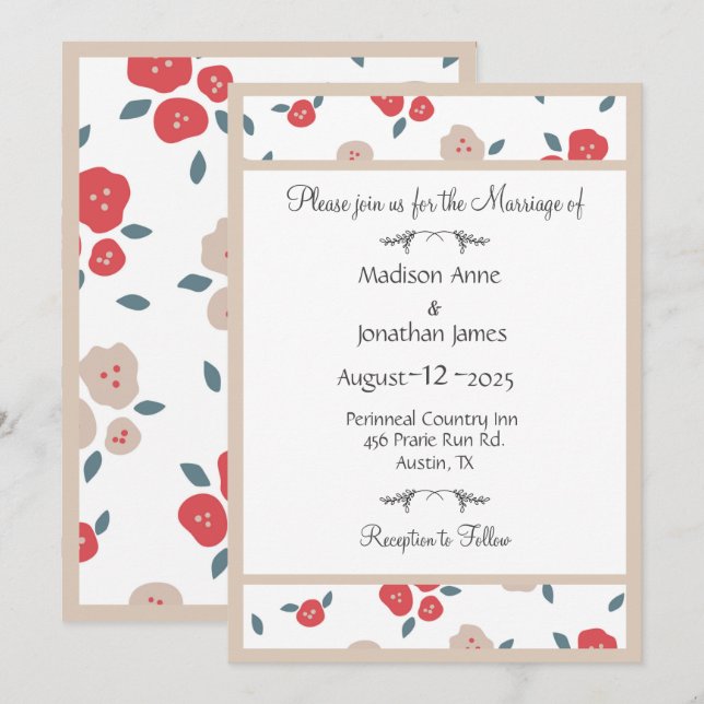 Simple Floral Red Pretty Country Wedding Invitation (Front/Back)