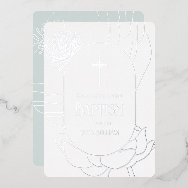 Simple Floral Silver White Aquamarine Baptism Foil (Front/Back)