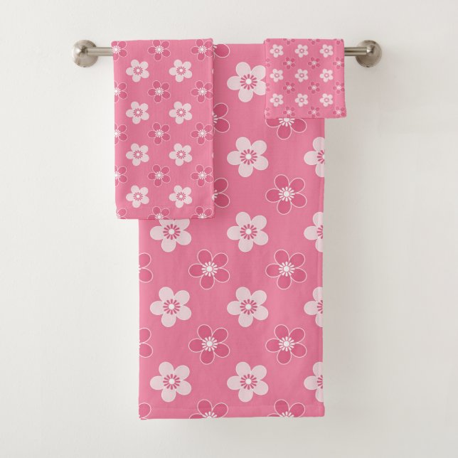  simple floral solid pink pattern retro small flow bath towel set (Insitu)