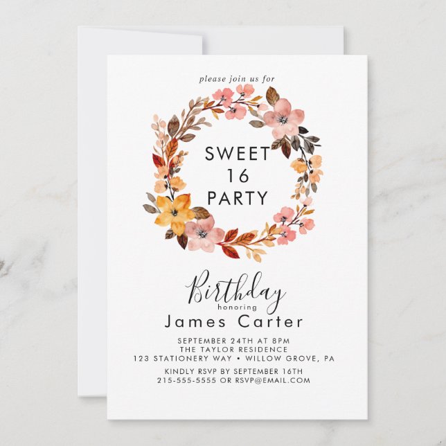 Simple Floral Sweet 16 Anniversaire Invitation (Devant)