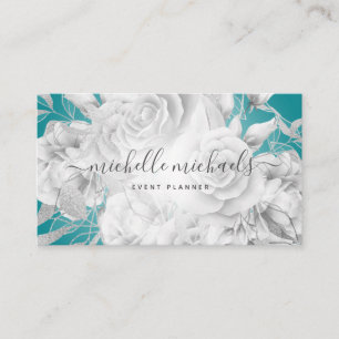 Simple Floral Teal & Silver Modern Script Business Card