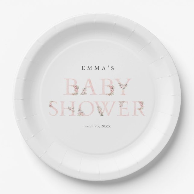 Simple Floral Typography Pink Baby Shower Paper Plate (Front)