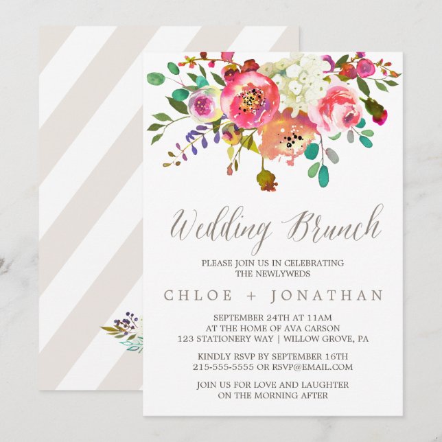 Simple Floral Watercolor Bouquet Wedding Brunch Invitation (Front/Back)