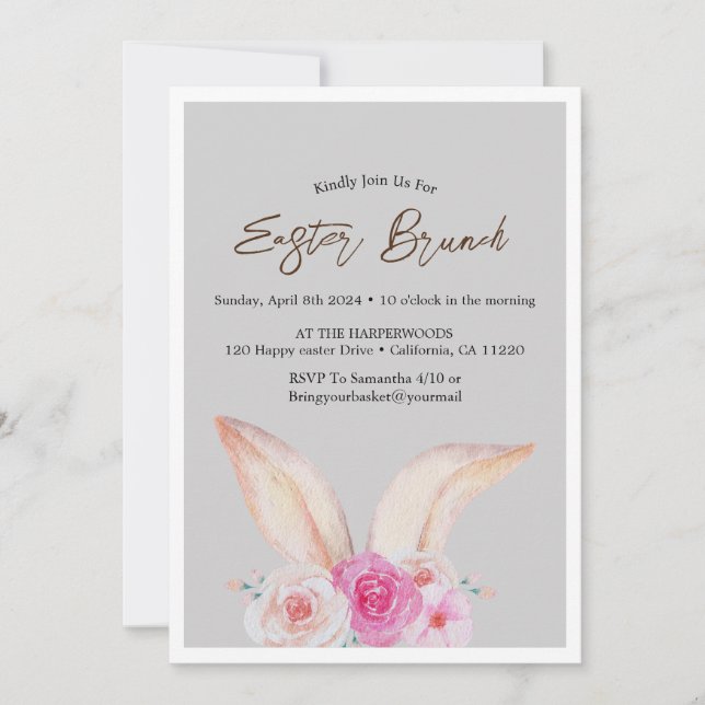 Simple floral watercolor easter brunch egg hunt invitation (Front)