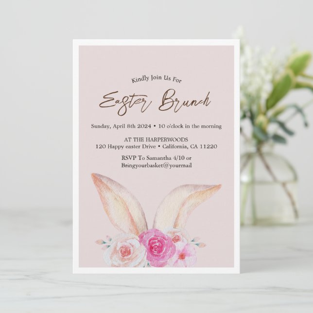 Simple floral watercolor easter brunch egg hunt invitation (Standing Front)