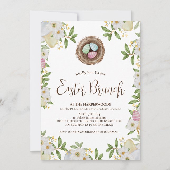Simple floral watercolor easter brunch egg hunt invitation (Front)