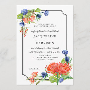 Simple Floral Watercolor Fall Orange Blue Thistle Invitation