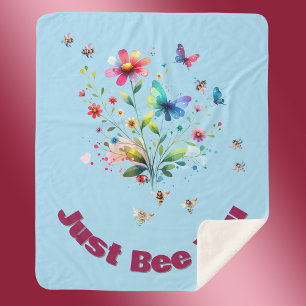 Simple Floral Watercolor Monogram Bee on blue Sherpa Blanket