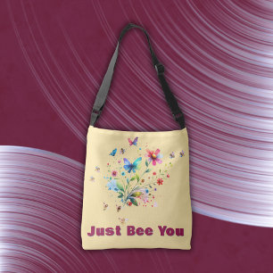 Simple Floral Watercolor Monogram Bee on peach  Crossbody Bag