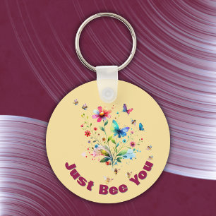 Simple Floral Watercolor Monogram Bee on peach Keychain