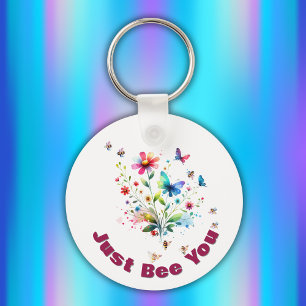 Simple Floral Watercolor Monogram Bee on white Keychain