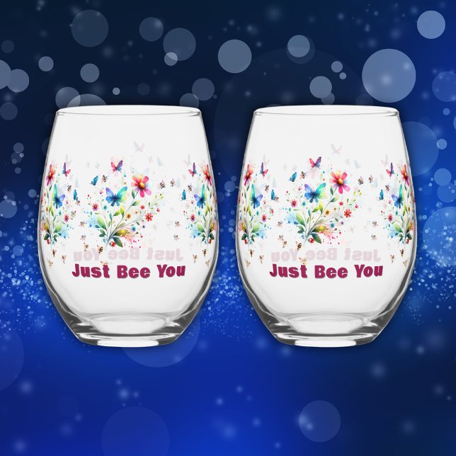 Simple Floral Watercolor Monogram Bee Stemless Wine Glass (Creator Uploaded)
