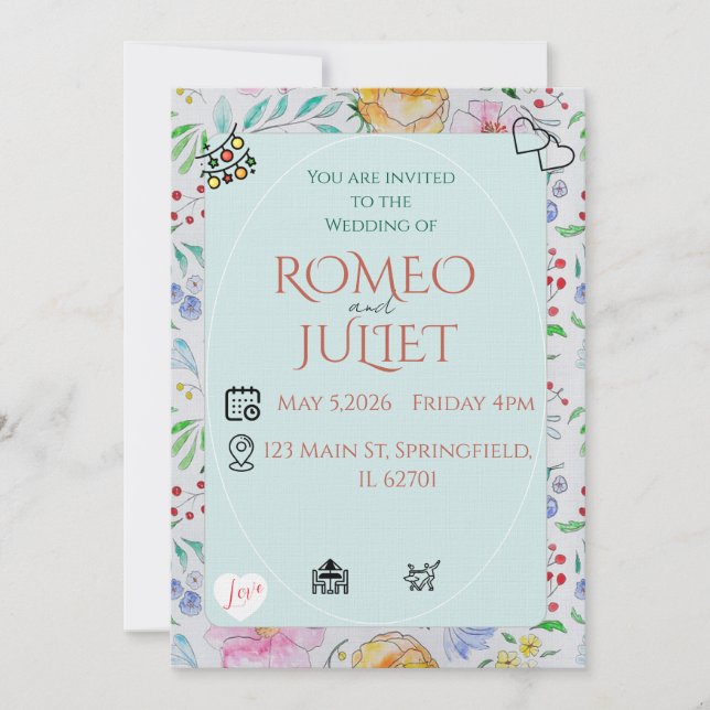 Simple Floral Wedding Invitation watercolor flower (Devant)