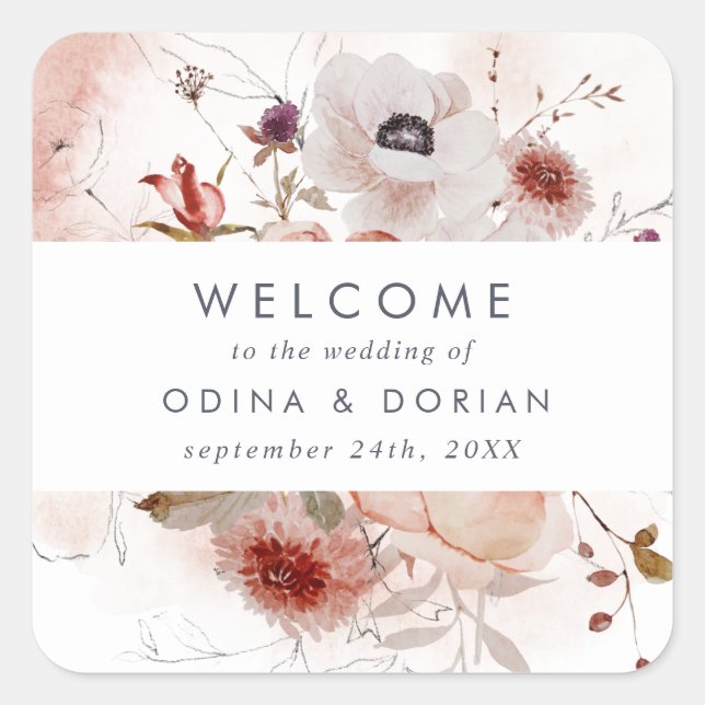 Simple Floral Wedding Welcome Square Sticker (Front)