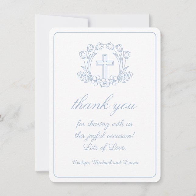 Simple Floral White Blue Baptism Thank You Card (Back)