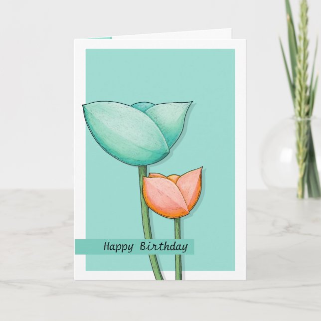 Simple Flowers teal orange 2 Birthday Card (Front)