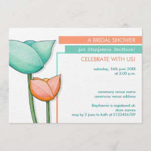 Simple Flowers teal orange Bridal Shower Invite
